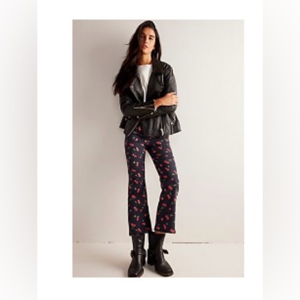 FP Printed Crop Slim Flare Jeans - Cherry Design